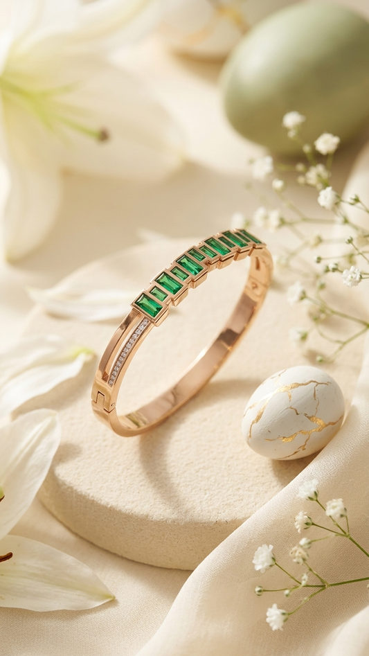 Gold Tone & Green Stone Bangle Bracelet