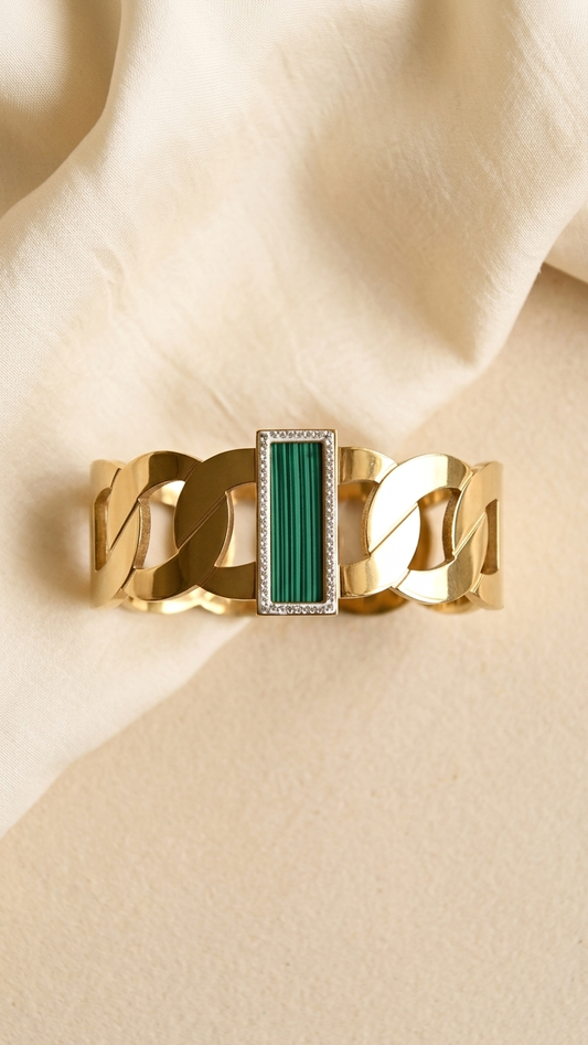Wide Gold-Tone & Green Stone Statement Bangle