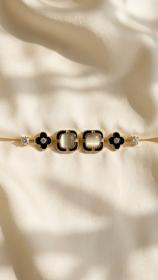 3-Pair Stud Earring Set with Crystal, Black Enamel Flower & Square Design (925 Post)