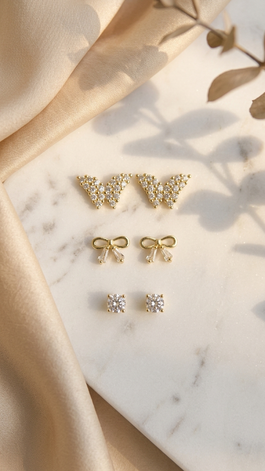Gold Butterfly and Bow Stud Earring Set for Women – 925 Silver Post