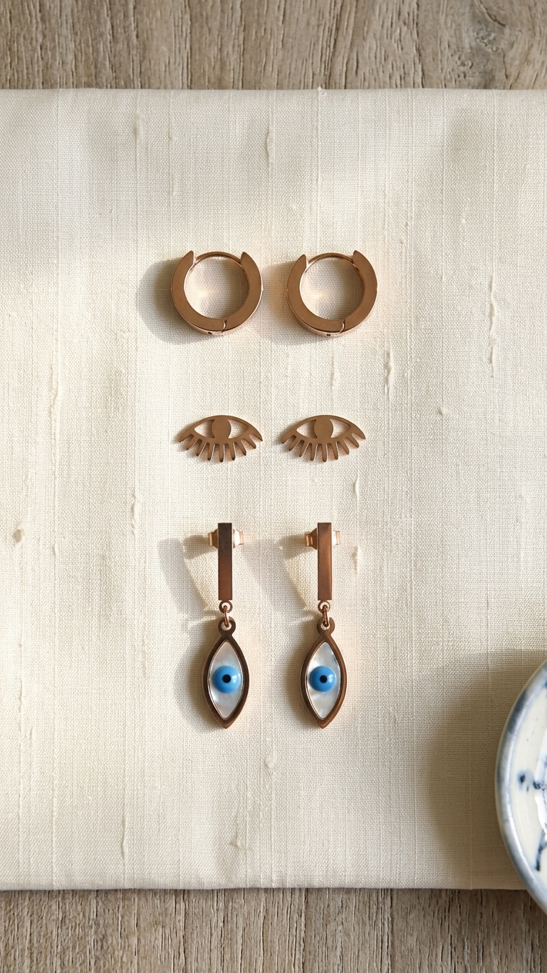 Gold Tone Evil Eye & Hoop Earring Set (3 Pairs)