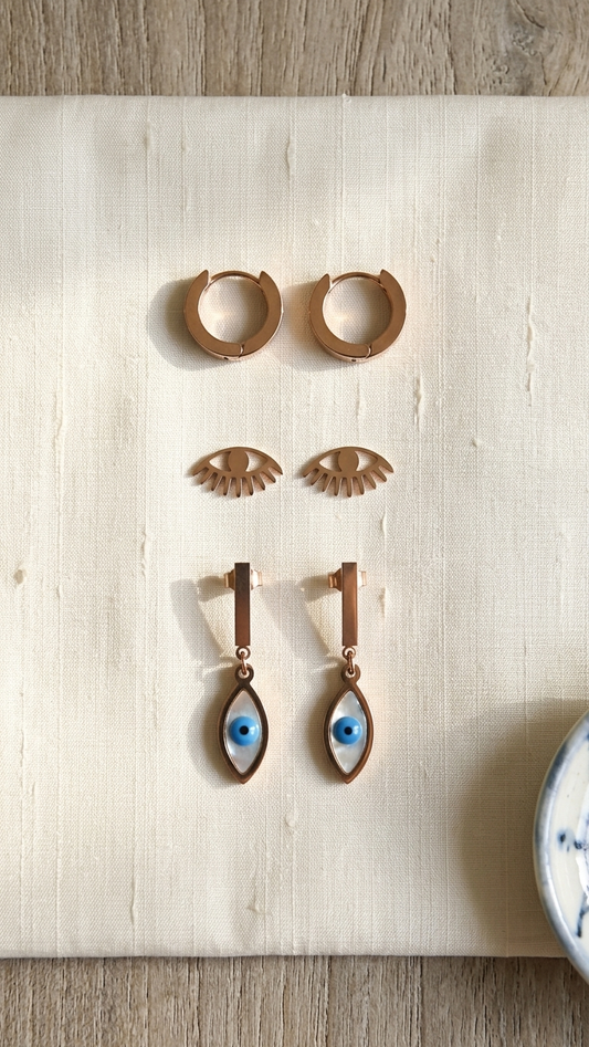 Gold Tone Evil Eye & Hoop Earring Set (3 Pairs)