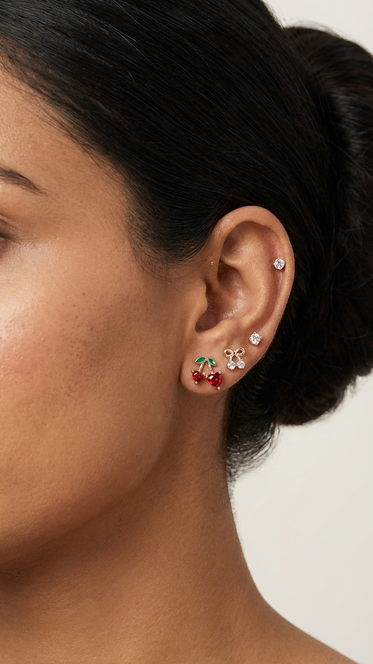 Cute Cherry & Bow Stud Earring Set (3 Pairs)