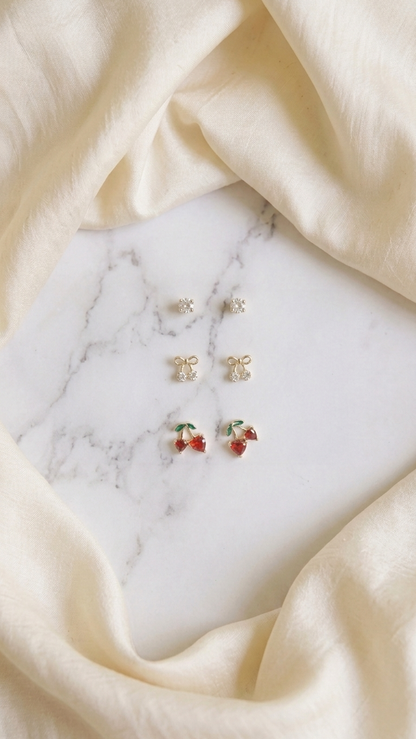 Cute Cherry & Bow Stud Earring Set (3 Pairs)