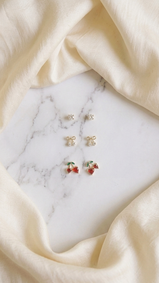 Cute Cherry & Bow Stud Earring Set (3 Pairs)