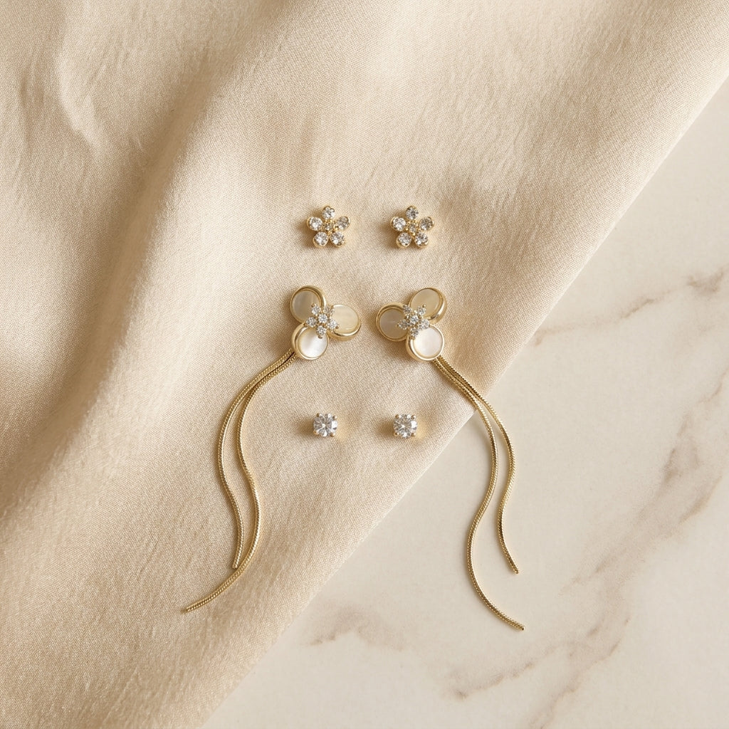 Flower & Threader Earring Set (3 Pairs)