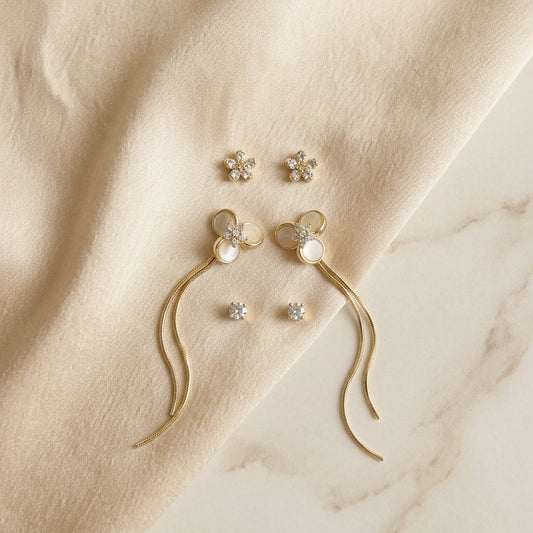 Flower & Threader Earring Set (3 Pairs)