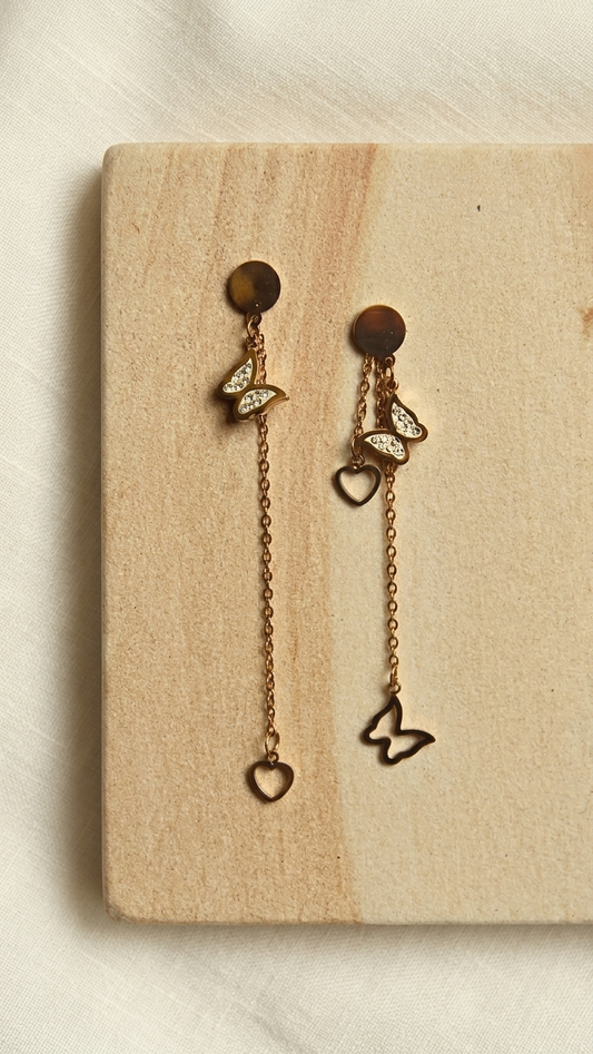 Dual Charm Long Butterfly & Heart Dangler Earrings