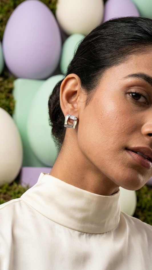 Minimalist Square Classic Box-Shape Silver Stud Earrings