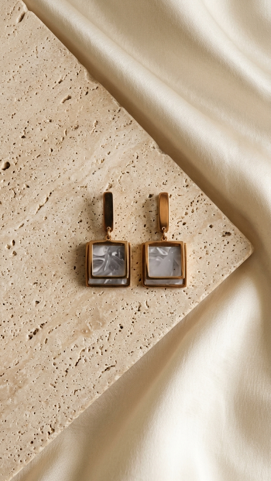 Minimal Gold & Pearl Glossy Square Earrings