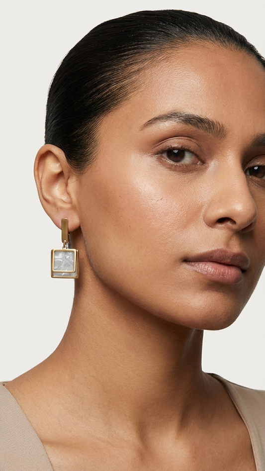 Minimal Gold & Pearl Glossy Square Earrings