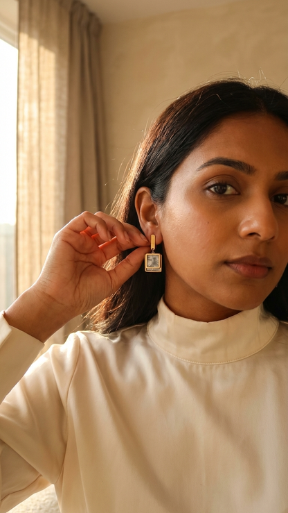Minimal Gold & Pearl Glossy Square Earrings