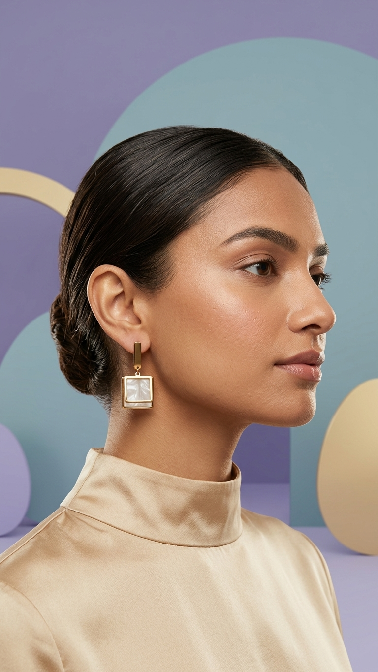Minimal Gold & Pearl Glossy Square Earrings