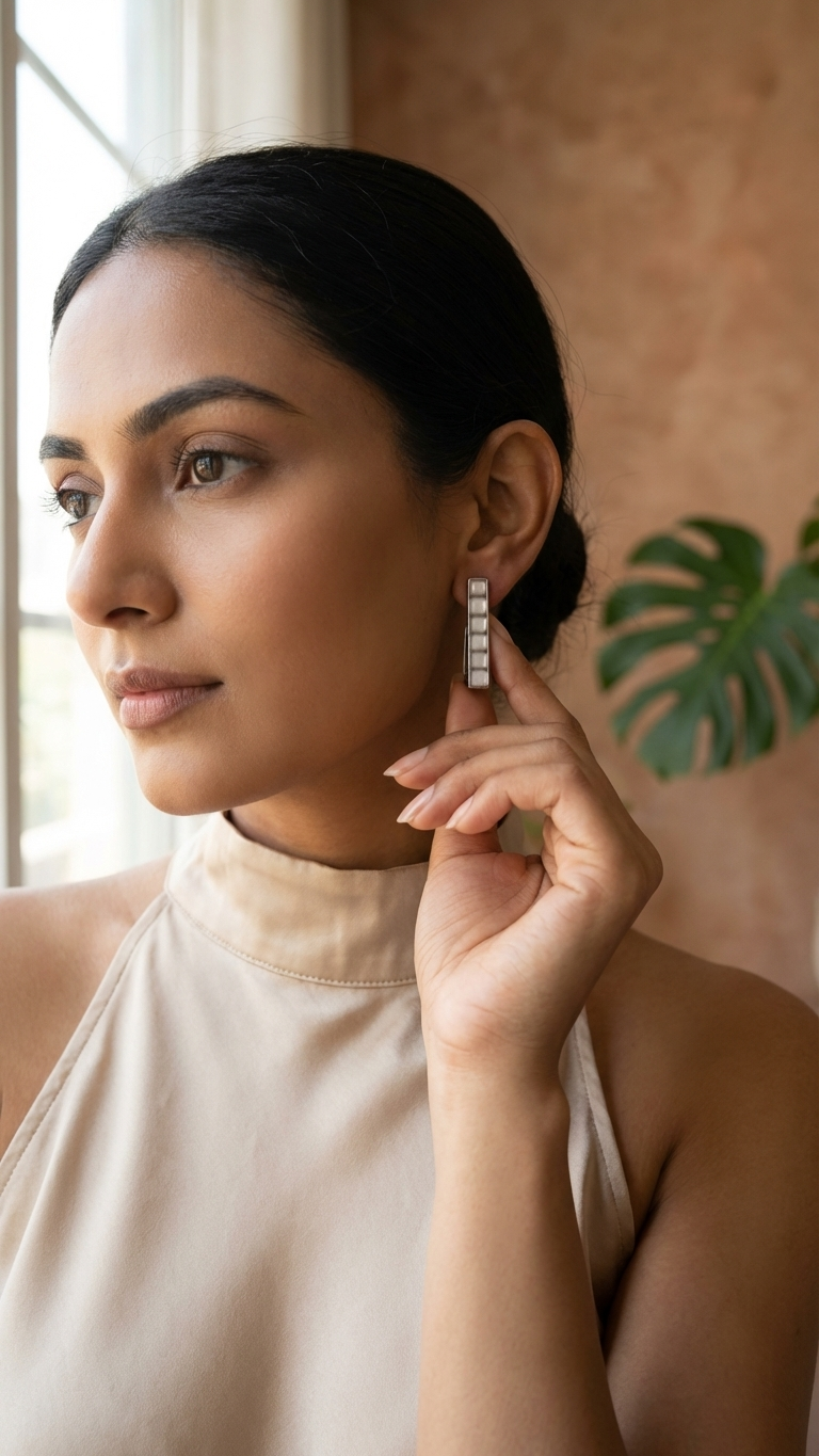 Linear Silver Stud Hoops Modern Edge Earrings