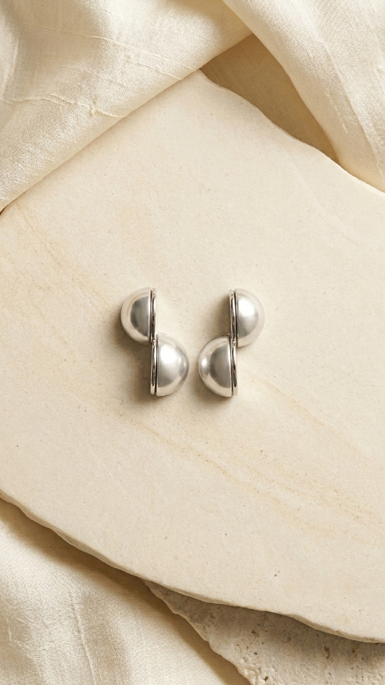 Silver-Toned Half Dome Pearl Earrings