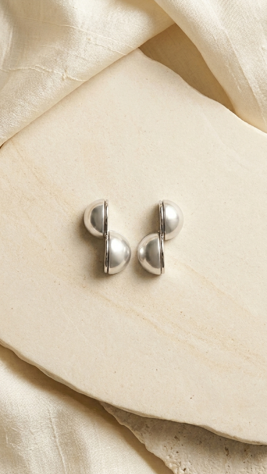 Silver-Toned Half Dome Pearl Earrings