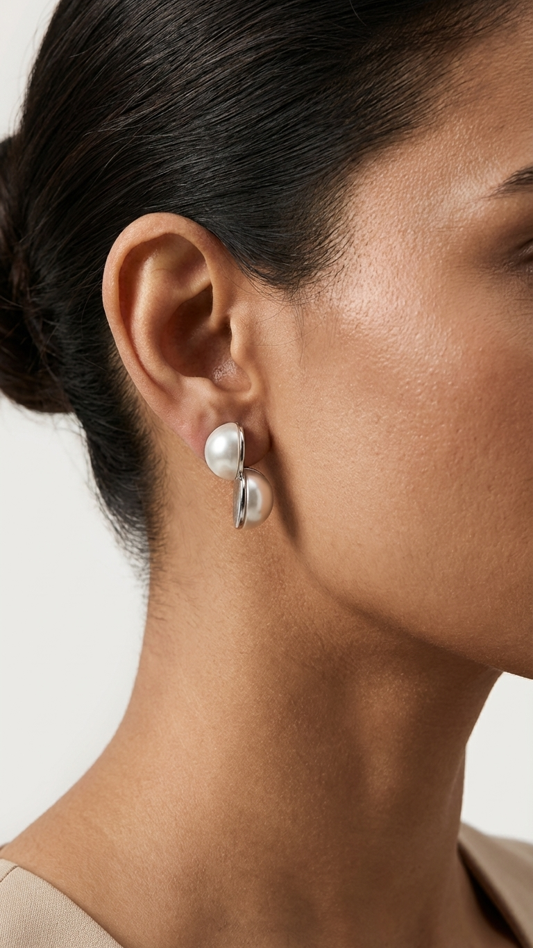 Silver-Toned Half Dome Pearl Earrings
