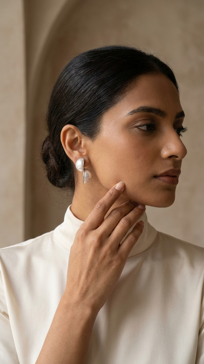 Silver-Toned Half Dome Pearl Earrings