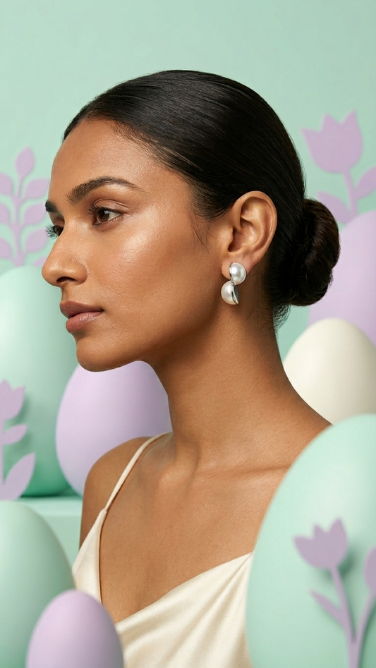 Silver-Toned Half Dome Pearl Earrings