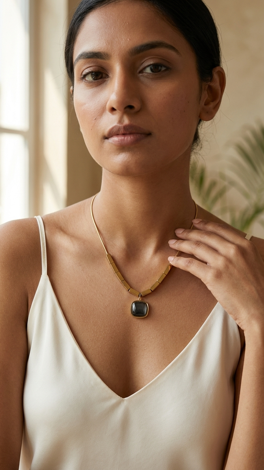 Sleek Gold-Tone Beaded Bar &amp; Black Agate Pendant Necklace