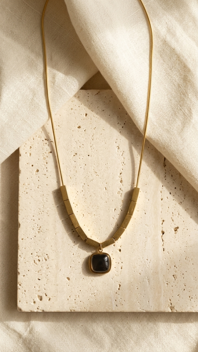 Sleek Gold-Tone Beaded Bar &amp; Black Agate Pendant Necklace