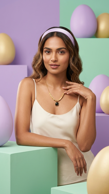 Sleek Gold-Tone Beaded Bar &amp; Black Agate Pendant Necklace
