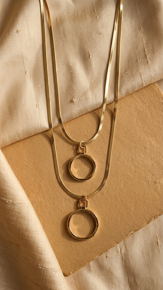 Modern Layered Gold Tone Snake Chain Necklace with Circle Pendants