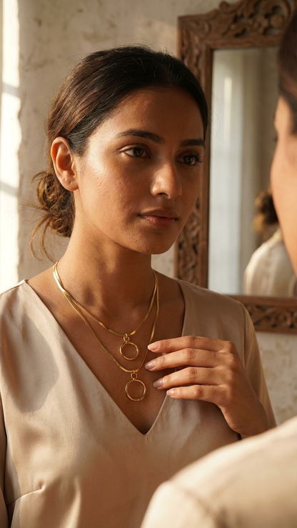Modern Layered Gold Tone Snake Chain Necklace with Circle Pendants