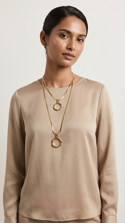 Modern Layered Gold Tone Snake Chain Necklace with Circle Pendants