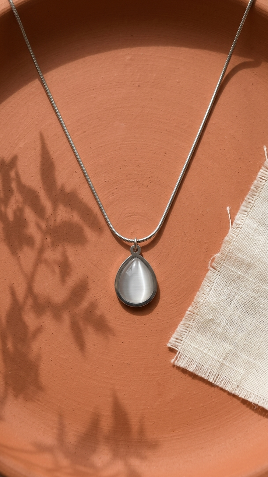 Minimalist Silver Tone Necklace with Iridescent Teardrop Pendant