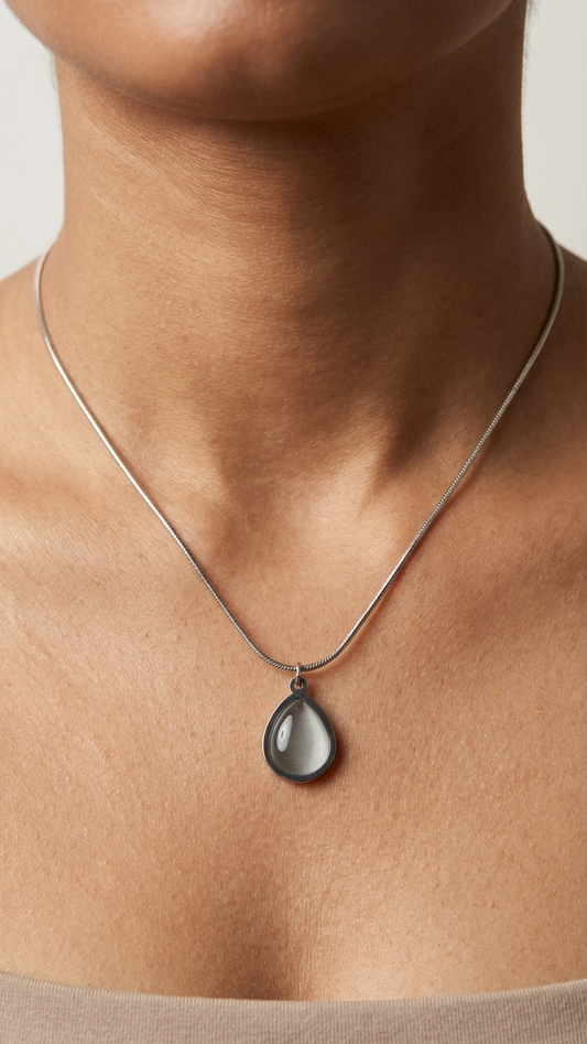 Minimalist Silver Tone Necklace with Iridescent Teardrop Pendant