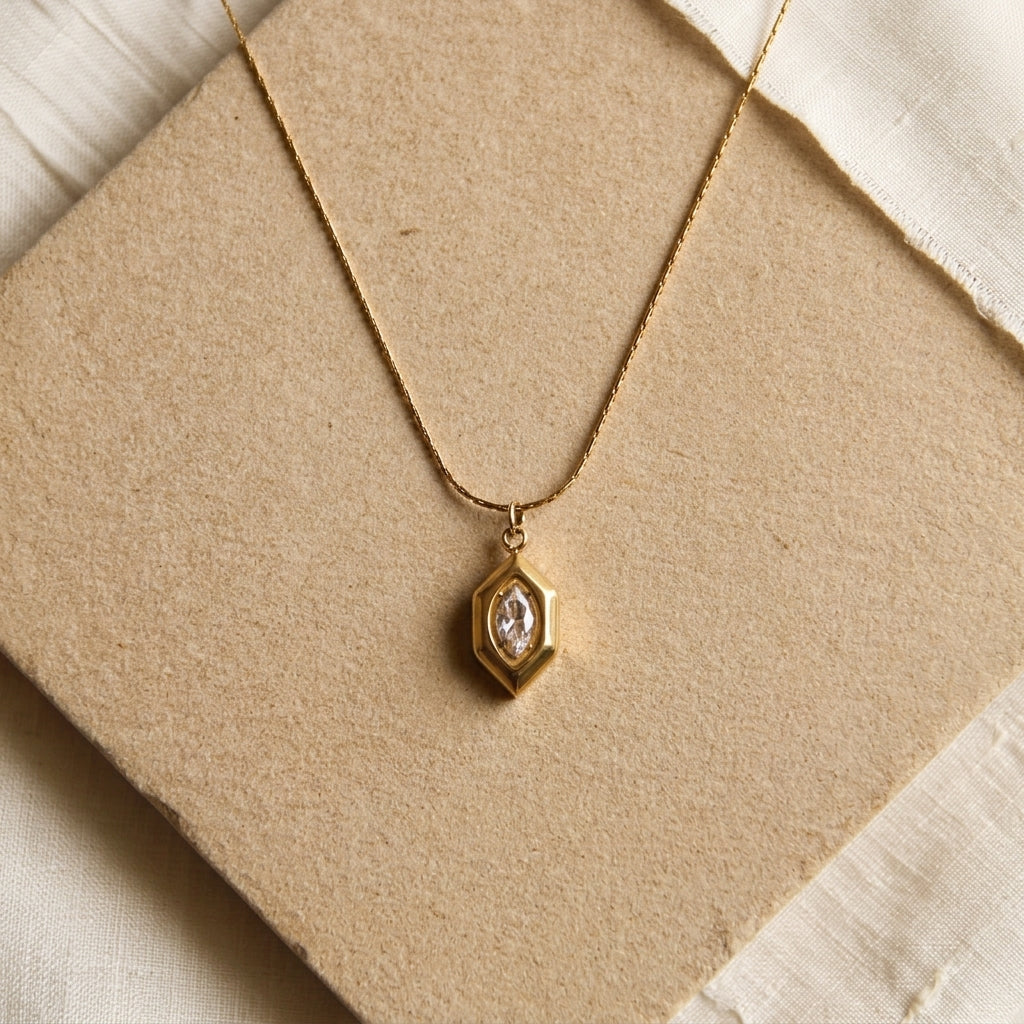 Vintage-Inspired Gold Tone & Marquise Cut Crystal Pendant Necklace