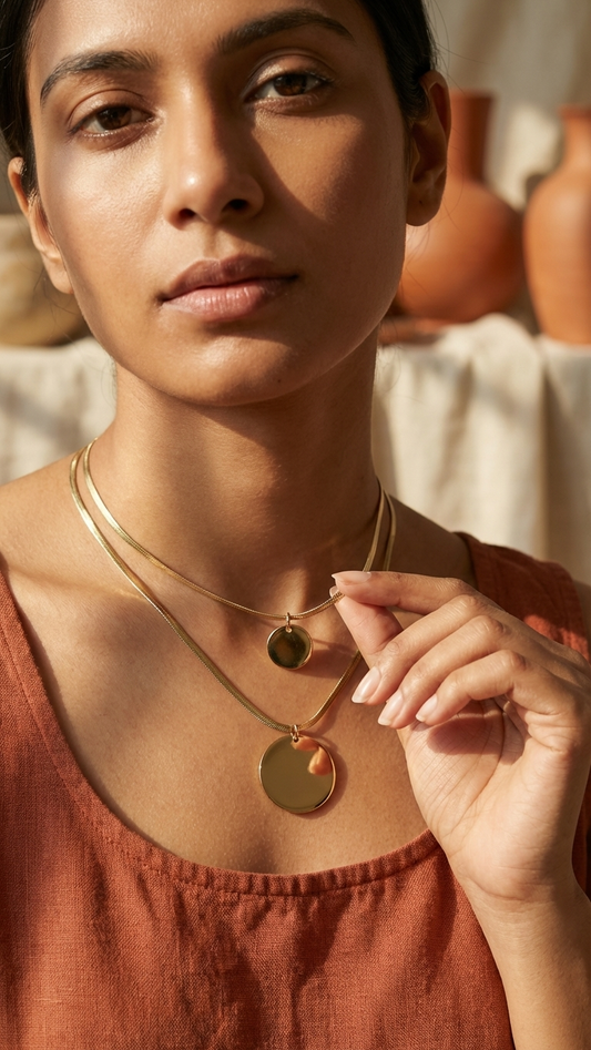 Dual Silver Tone Herringbone Chain &amp; Coin Pendant Necklace