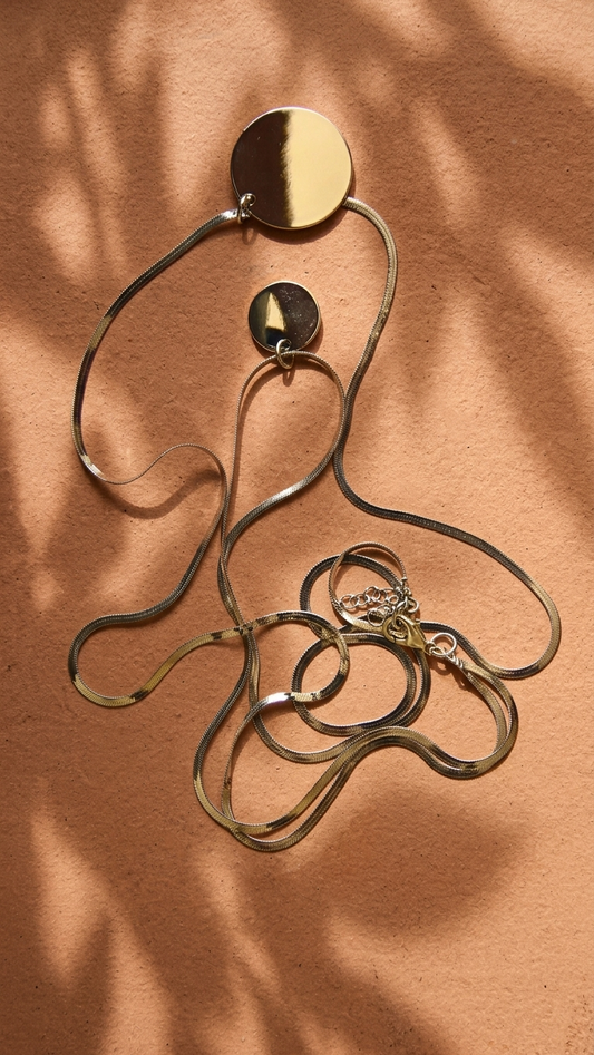 Dual Silver Tone Herringbone Chain &amp; Coin Pendant Necklace