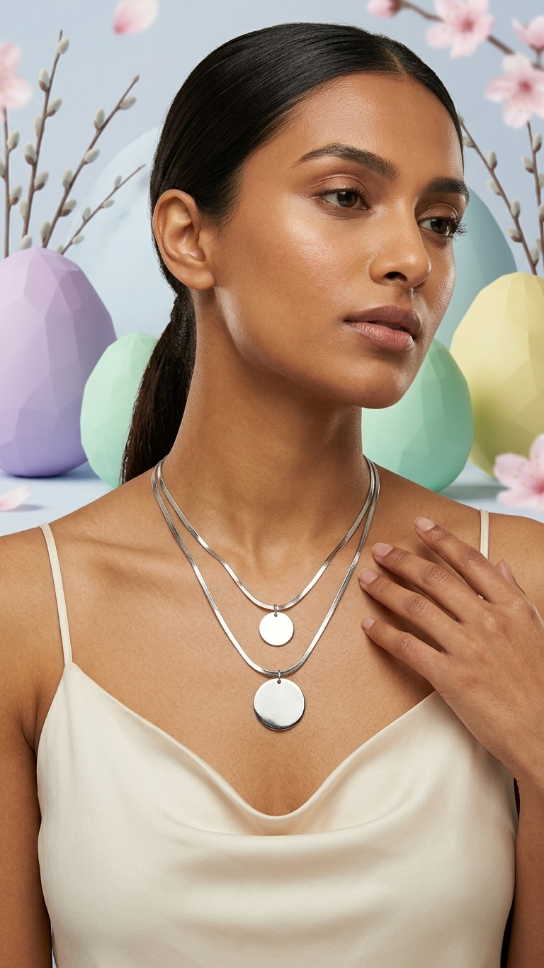 Dual Silver Tone Herringbone Chain &amp; Coin Pendant Necklace