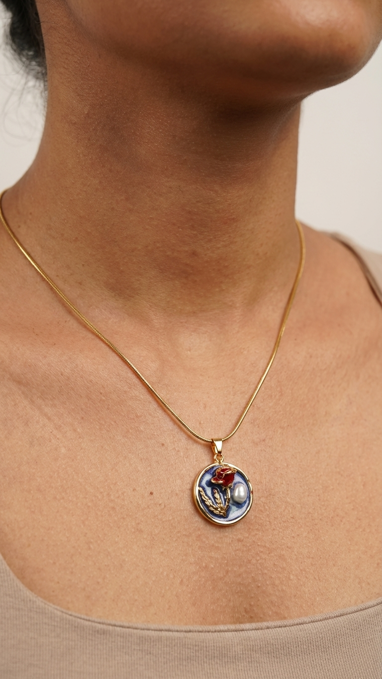 Gold Tone Rose & Pearl Botanical Art Pendant Necklace