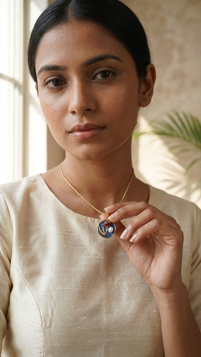 Gold Tone Rose & Pearl Botanical Art Pendant Necklace