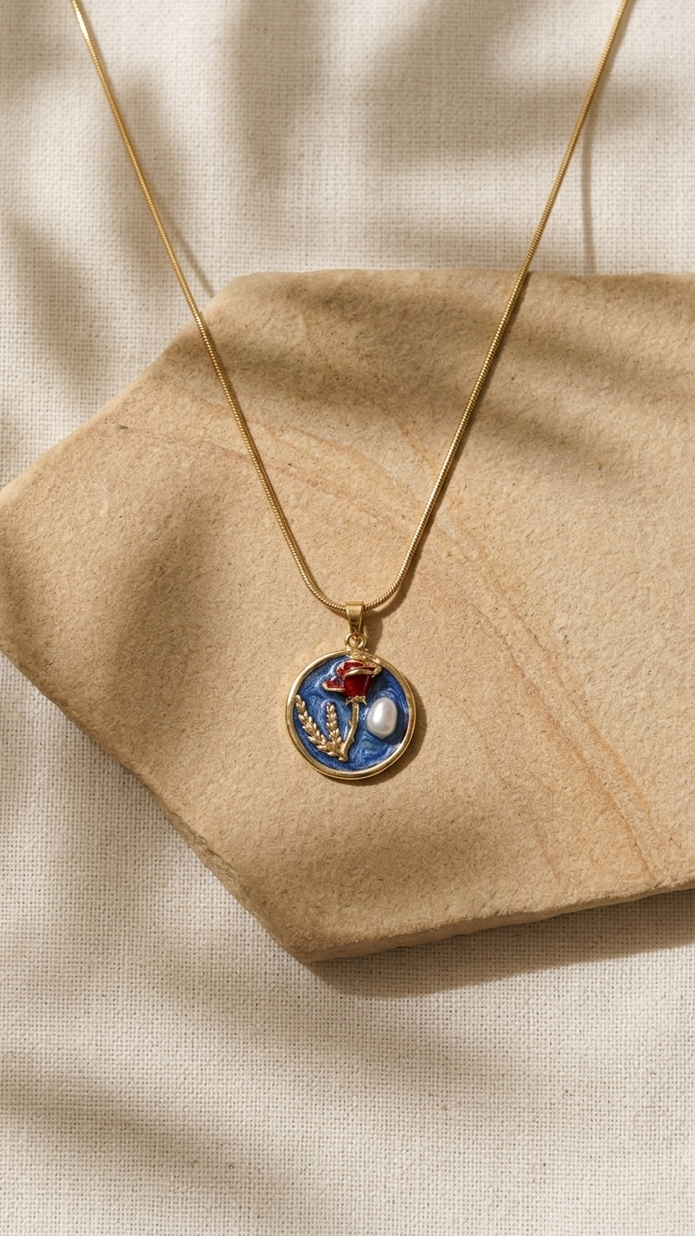Gold Tone Rose & Pearl Botanical Art Pendant Necklace
