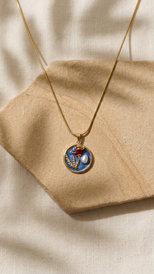 Gold Tone Rose & Pearl Botanical Art Pendant Necklace