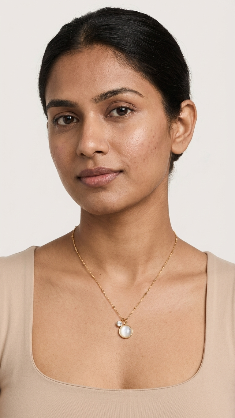 Minimalist Gold Tone Double Charm Necklace with Crystal & Gemstone
