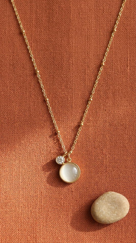 Minimalist Gold Tone Double Charm Necklace with Crystal & Gemstone