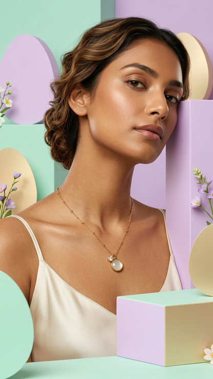 Minimalist Gold Tone Double Charm Necklace with Crystal & Gemstone