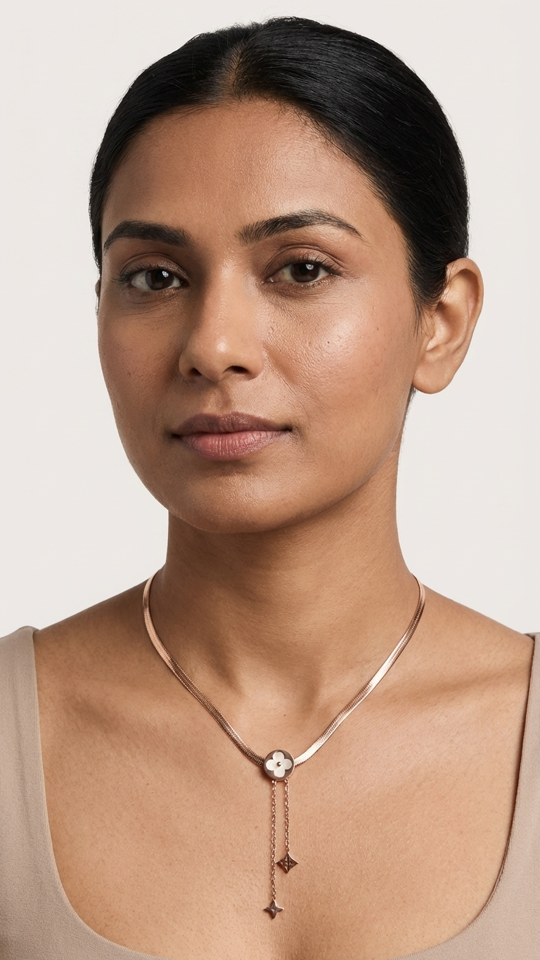 Chic Gold Tone Snake Chain Necklace with Clover Medallion & Dangles
