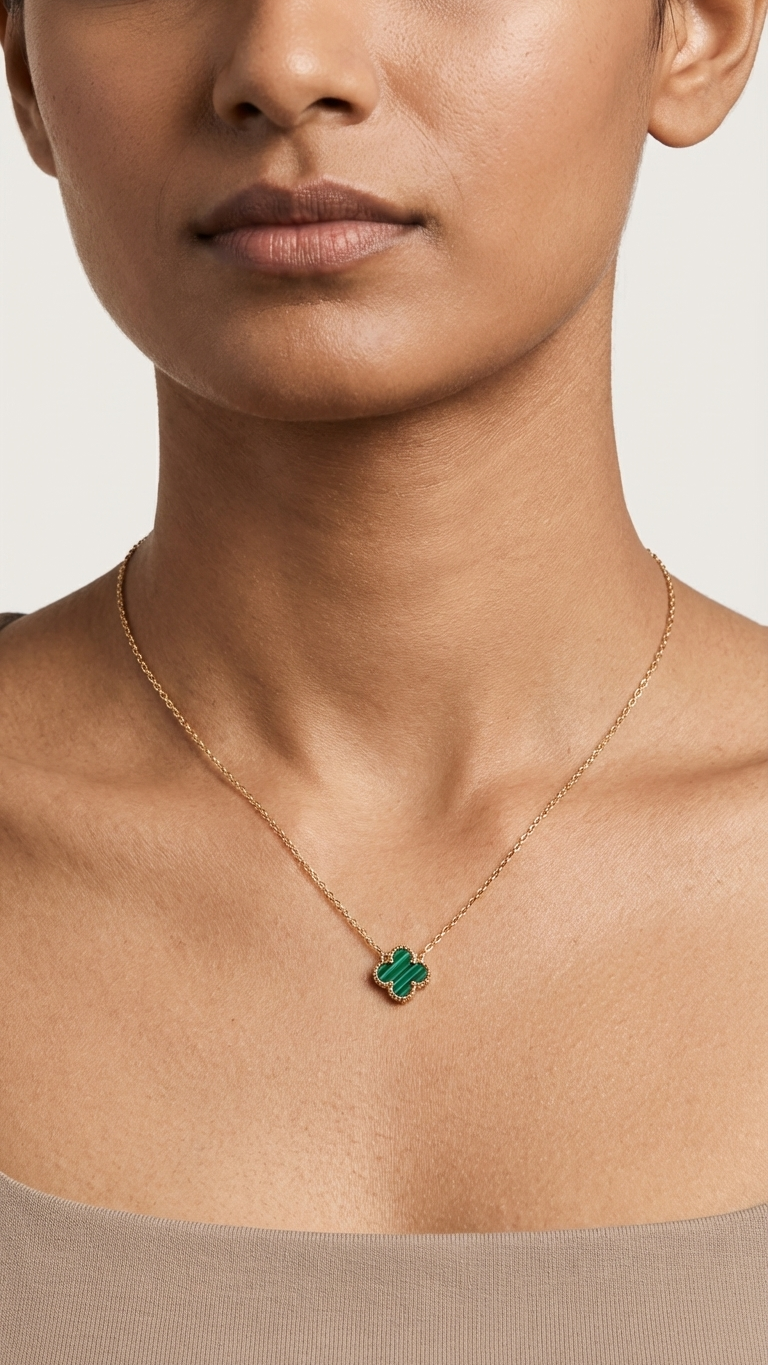 Minimalist Gold Tone Chain & Green Clover Charm Necklace