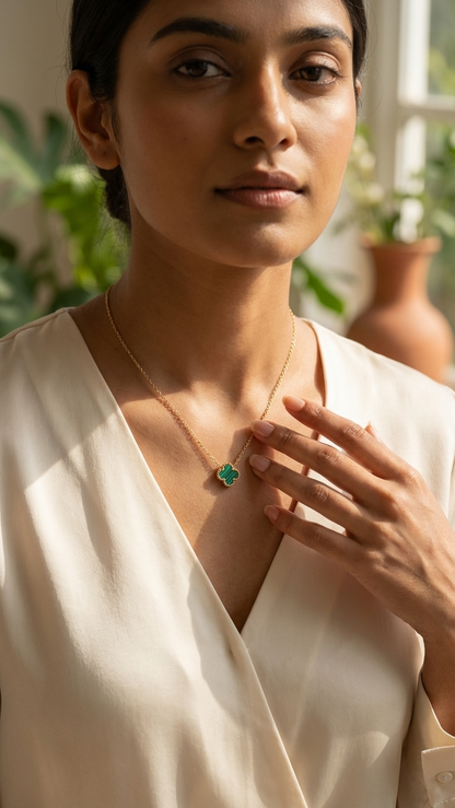 Minimalist Gold Tone Chain & Green Clover Charm Necklace