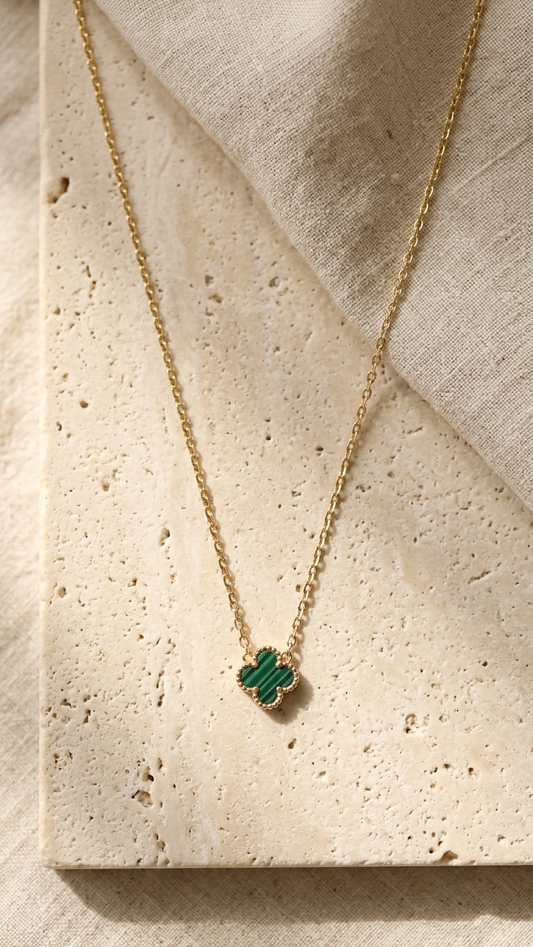 Minimalist Gold Tone Chain & Green Clover Charm Necklace