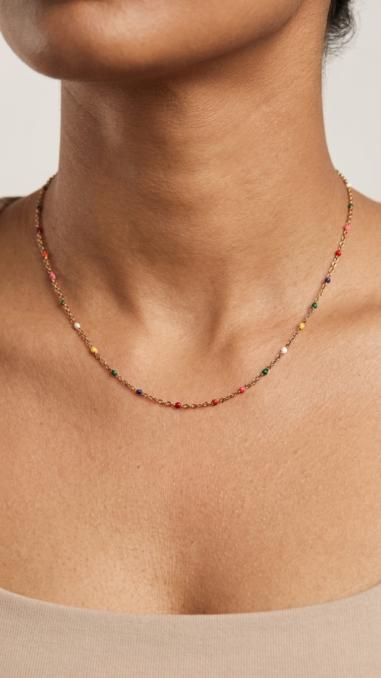 Modern Rose Gold Tone Chain with Rainbow Enamel Bead Accents