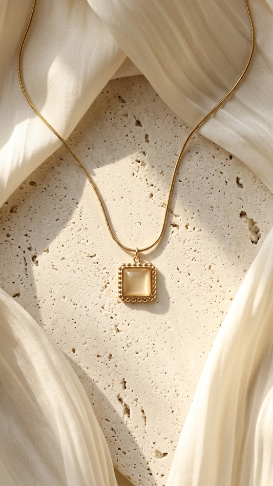 Vintage-Inspired Gold Tone & Luminous Square Pendant Necklace