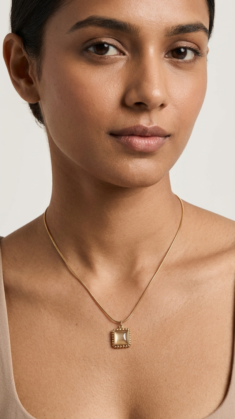 Vintage-Inspired Gold Tone & Luminous Square Pendant Necklace