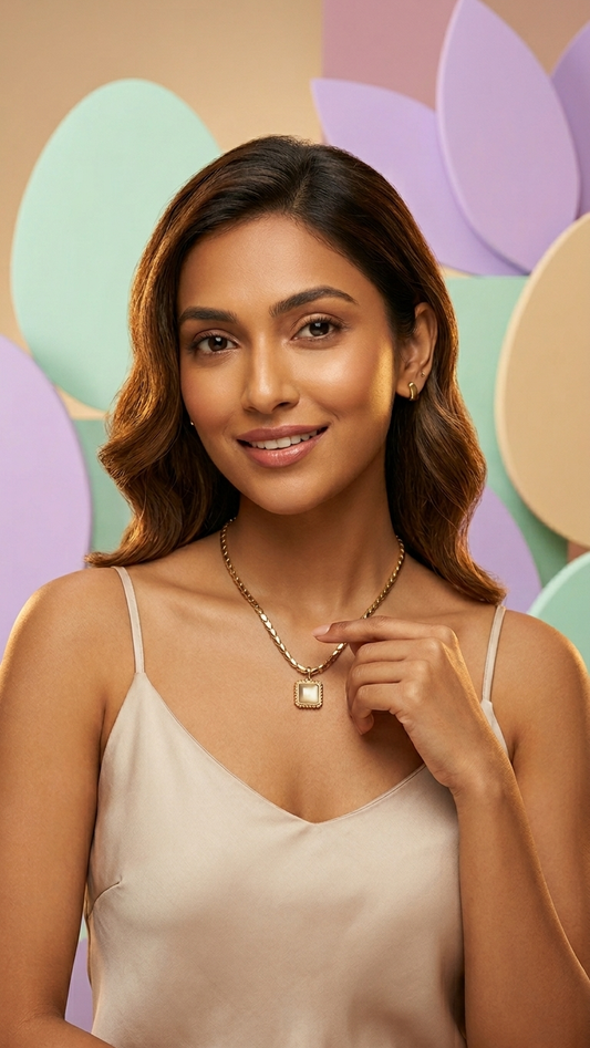 Vintage-Inspired Gold Tone & Luminous Square Pendant Necklace